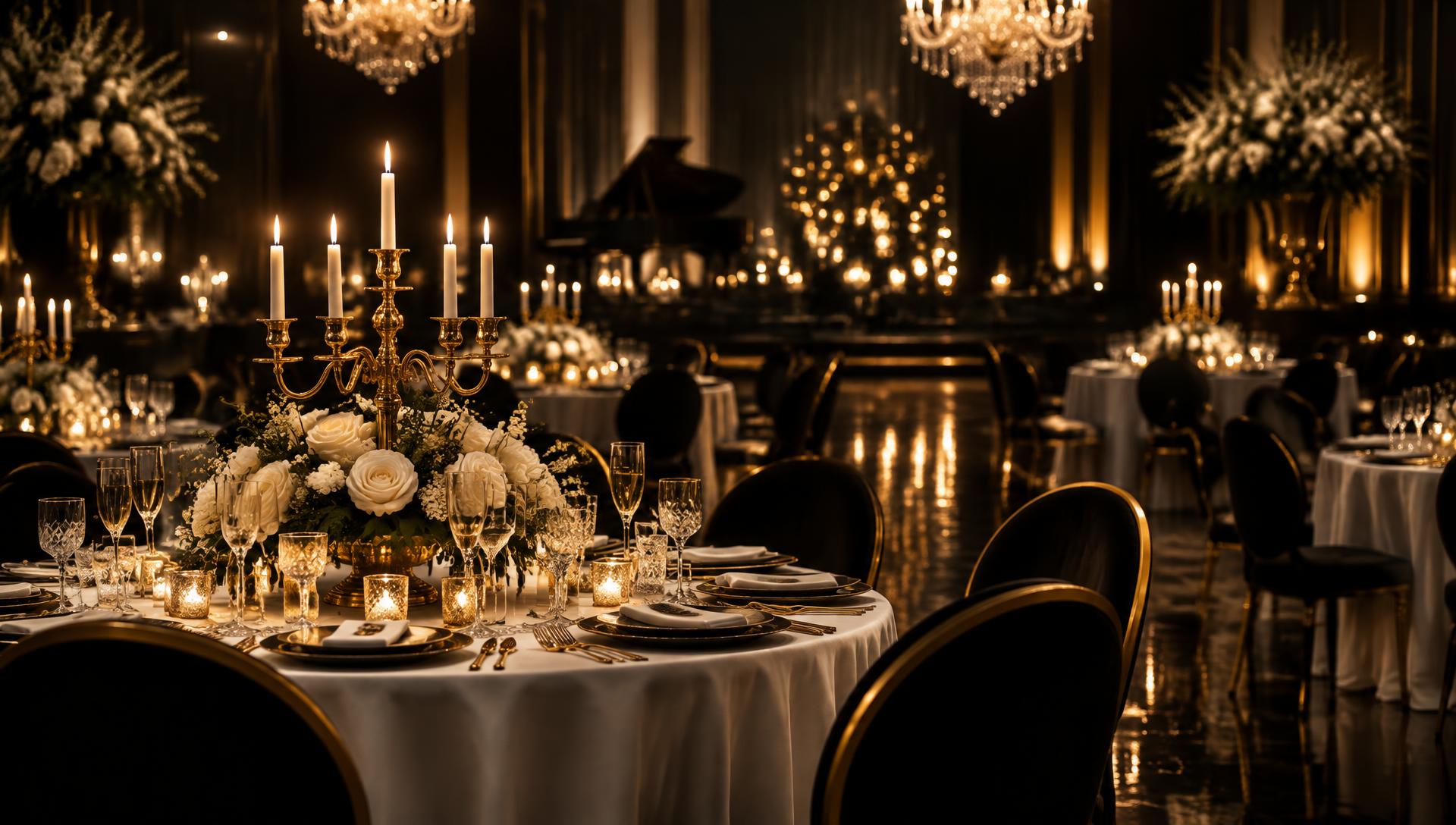 Candlelit black and gold banquet hall
